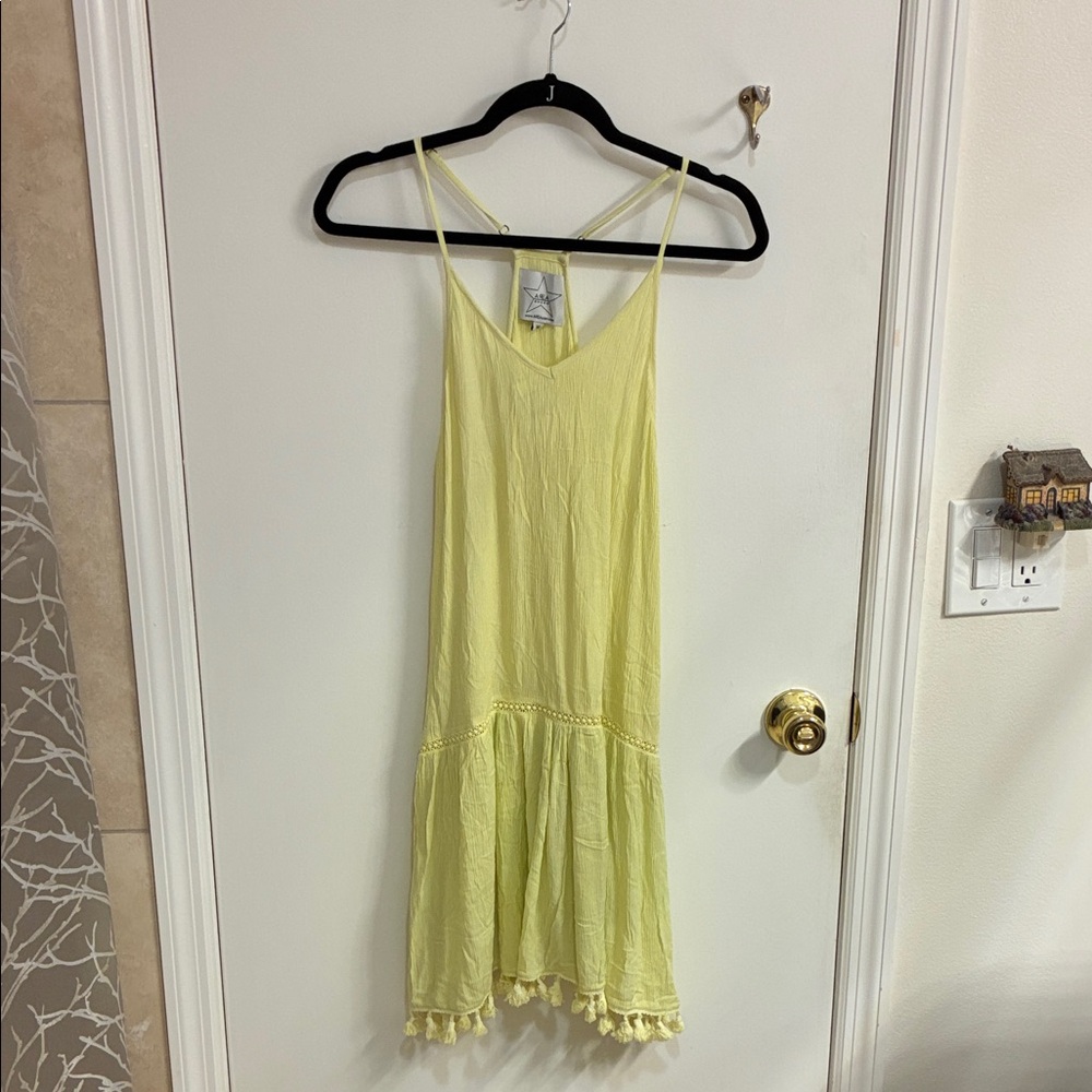 NWT AREA Pale Yellow Slip Dress with Tassel Hem Sz M